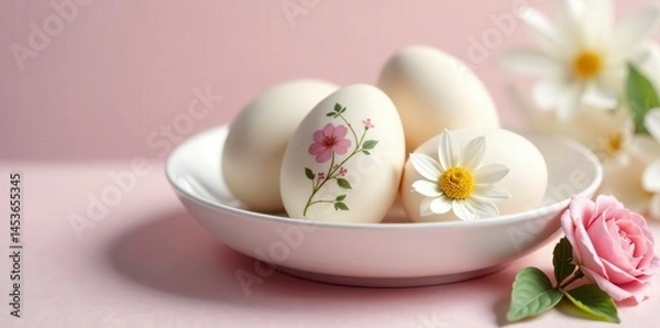 Fototapeta Subtle pastel shades, delicate floral motifs on smooth eggs , simple, smooth, pastel