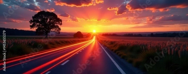 Fototapeta Swirling light trails illuminate a tranquil country lane at sunset , background, peaceful, tranquil