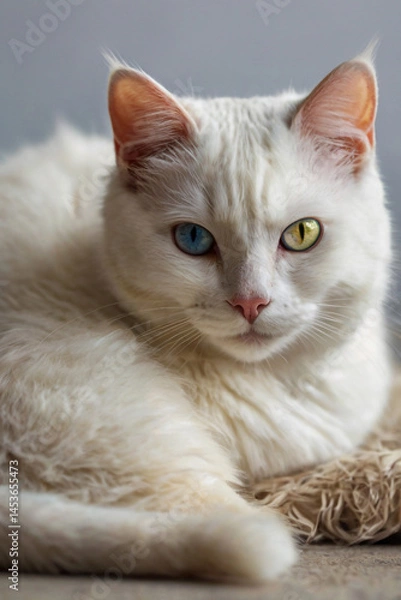 Fototapeta Image is a portrait-style photograph featuring a white cat with heterochromia, displaying one blue eye and one yellow eye.