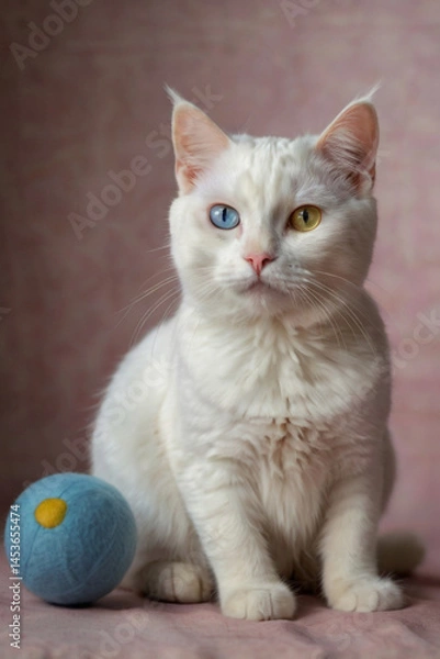 Fototapeta Image is a portrait-style photograph featuring a white cat with heterochromia, displaying one blue eye and one yellow eye.