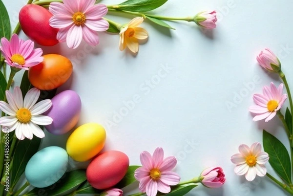 Obraz Vibrant eggs & spring blooms frame blank card, texture, paper