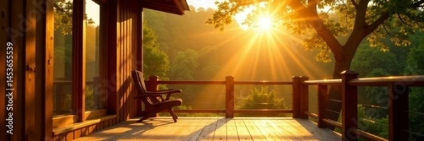Fototapeta Warm sunlight streams through window onto wooden deck, treetops visible, planks, window, view