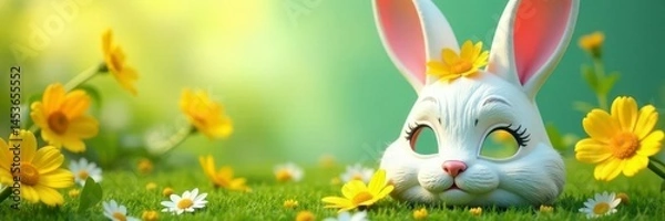 Obraz Whimsical rabbit mask; sunny yellow & green floral backdrop, botanical, vibrant
