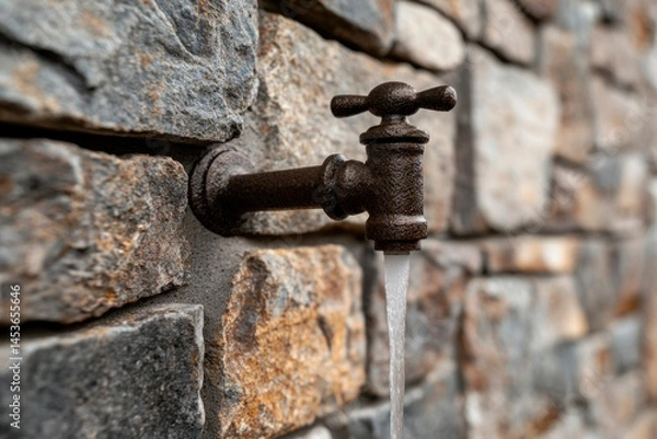 Obraz Aged metal faucet fixed to a stone brick wall spews a clear, flowing stream of water