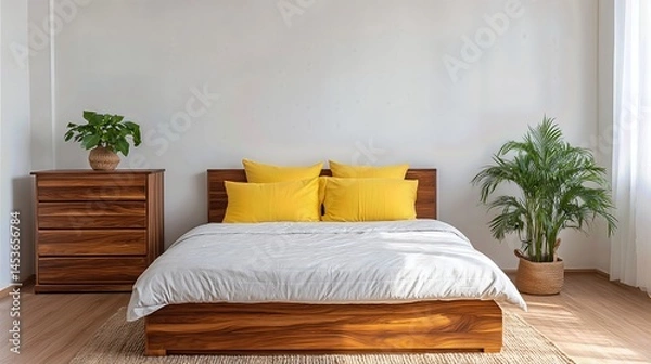 Fototapeta Morning light streams into a modern bedroom with simple decor, highlighting the natural wood tones and cozy yellow accents in a peaceful, airy environment.
