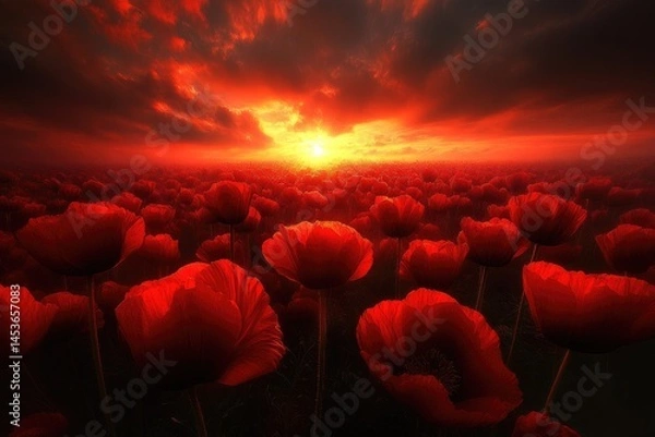 Fototapeta Vibrant poppy field at fiery sunset