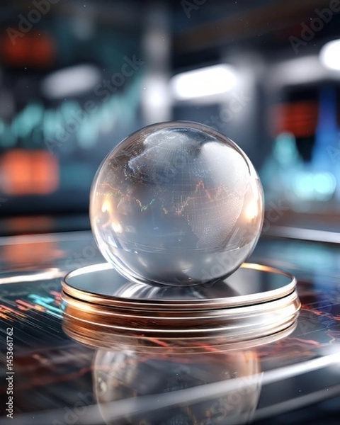 Fototapeta Exploring Global Economic Trends with a Futuristic Glass Globe on a Laptop for Market Analysis Insights