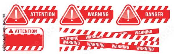 Obraz Warning vector signs. Attention sign, warning sign, caution sign, danger sign. Exclamation mark. Yellow warning caution sign text space area message box sticker label object goods commodity