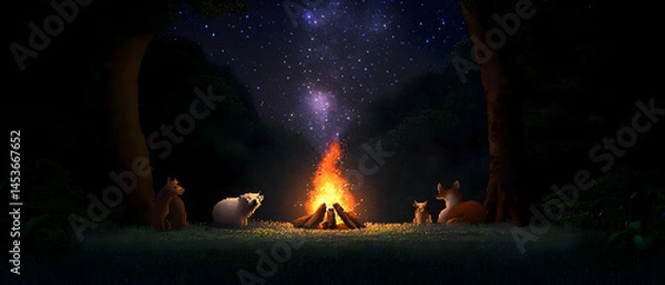 Fototapeta Pixel Art Campfire Scene Under Starry Night