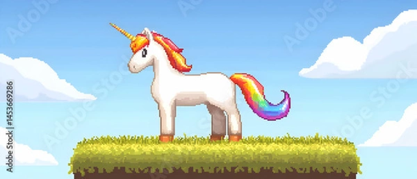 Obraz Pixel Art Unicorn Standing On Grassy Plateau