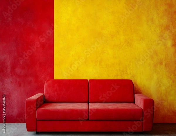 Obraz Red and yellow-colored background with a sofa in the middle.