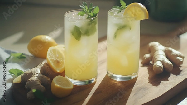 Fototapeta glasses of lemonade with a garnish of lemon slices and rosemary