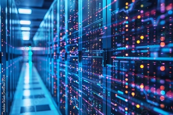 Fototapeta Data Center with High-Tech Server Racks and Bright LED Lights