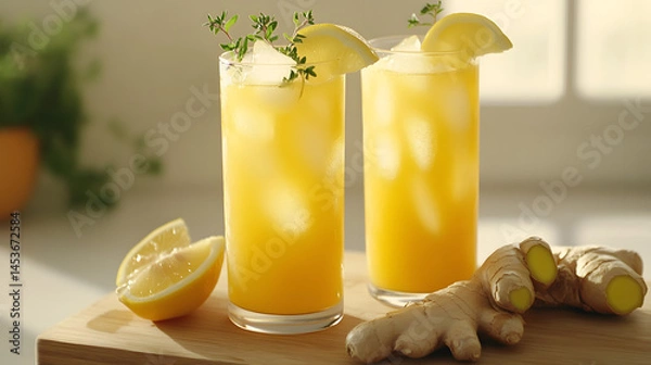 Fototapeta glasses of lemonade with a garnish of lemon slices and rosemary