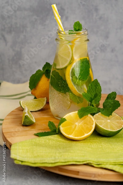 Fototapeta Ice lemonade drink in a glass jar with a straw, slices of lime, lemon, mint on a wooden stand on a blurred gray background. Food photo for catalog, publications, magazines. Summer drinks concept.