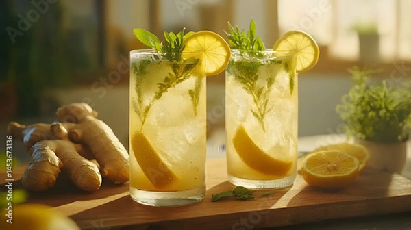 Fototapeta glasses of lemonade with a garnish of lemon slices and rosemary