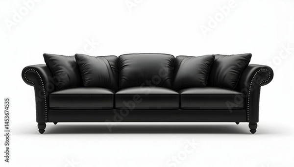 Obraz Black leather sofa with cushions isolated on a white background, 3D rendering, in a black color and monochrome style, front view, with soft lighting