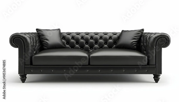 Obraz Black leather sofa with cushions isolated on a white background, 3D rendering, in a black color and monochrome style, front view, with soft lighting