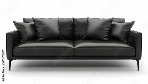 Obraz Black leather sofa with cushions isolated on a white background, 3D rendering, in a black color and monochrome style, front view, with soft lighting