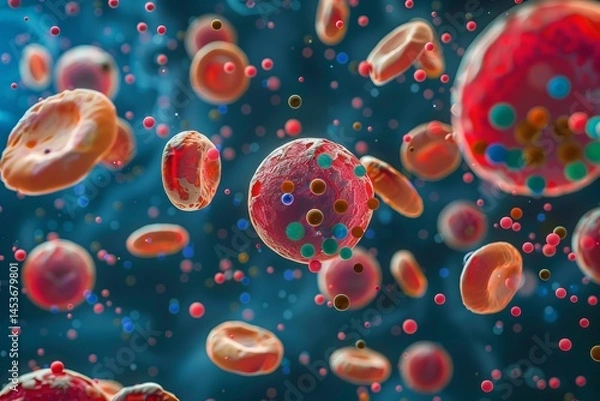 Fototapeta Microscopic View of Colorful Cells and Particles in Fluid Medium