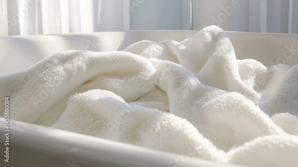 Fototapeta Close-up of a clean white fluffy towel folded on a bathroom or spa linen shelf with natural daylight illuminating the soft textured surface and cozy atmosphere
