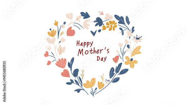 Fototapeta Pastel Mother's Day Card Design - Floral Heart Wreath with Gold Accents in Flat Vector Style