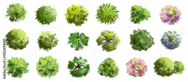 Fototapeta Vertor set of green tree,plants top view for landscape plan,schematic layout,eco environment concept design,watercolor greenery illustration,spring flower plan