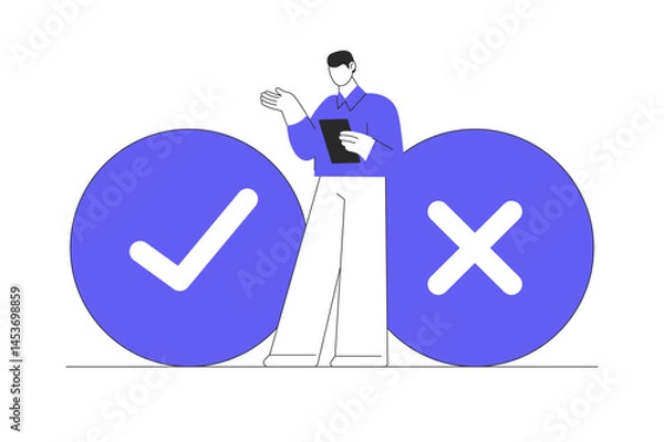 Obraz Tick and cross marks. Accepted, rejected, approved, disapproved. Yes No, Right Wrong, Correct False, Ok Not Ok. Check and wrong. Flat Cartoon Vector Illustration, icon. Stylish abstract design landing