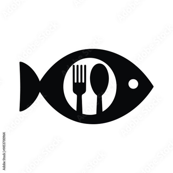 Obraz Fish Restaurant Logo – Vector Silhouette of Fish Shape with Spoon and Fork Cutlery Symbol for Seafood Dining, Bistro or Culinary Branding