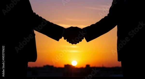 Fototapeta Silhouette of a Business Handshake at Sunset, a Symbol of Dealmaking and Partnership