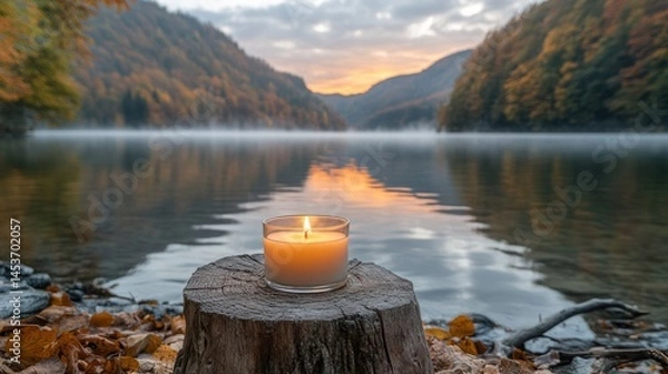 Fototapeta Candle on a Log by Lake at Dawn