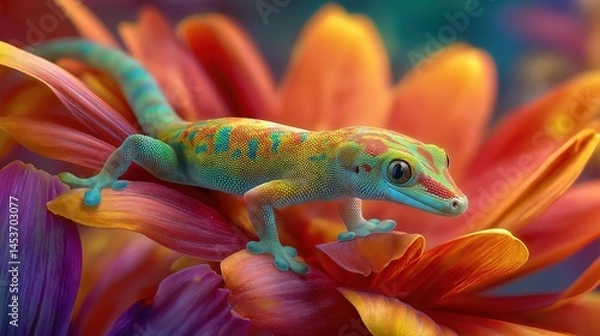 Fototapeta A gecko sitting on top of a colorful flower, a photorealistic image of a colorful gecko