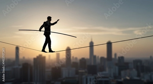 Fototapeta Businessman Balancing on Tightrope Above City Skyline at Sunset