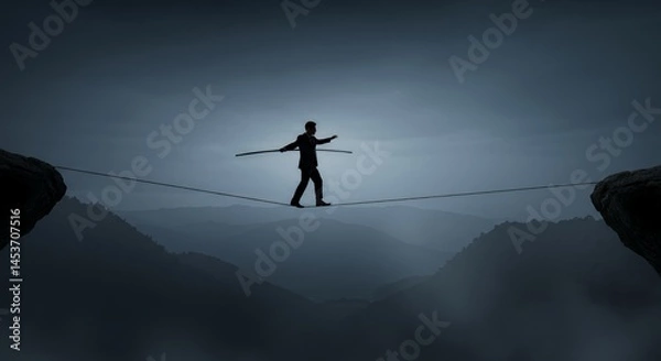 Fototapeta A Businessman Balancing on a Tightrope Above Misty Mountains