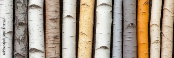 Fototapeta A sublime symphony of birch bark textures evokes winter solstice musings, Scandinavian midsummer dreams, and woodland whispers in unity