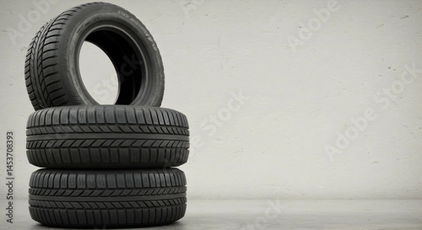 Fototapeta Stacked Black Rubber Tires with Minimalist Background in Studio