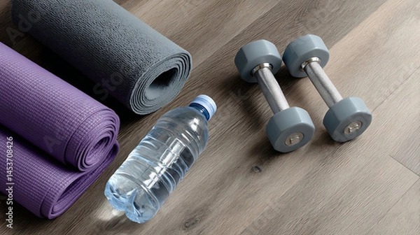 Fototapeta Yoga mats water bottle and dumbbells on wooden floor surface creating fitness workout scene