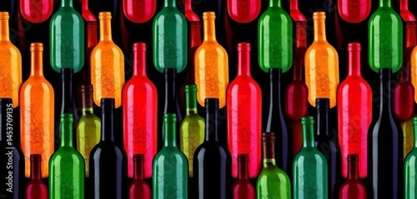 Fototapeta Abstract seamless pattern of black and colored wine bottles , geometric, lines