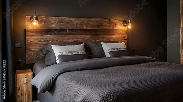 Obraz Dual-tone bedroom featuring a charcoal fabric bed, rustic walnut wood headboard, and wall-mounted reading lights in