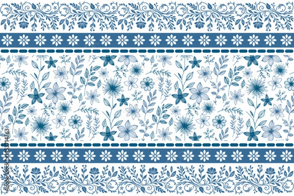 Fototapeta blue botanical wallpaper design. one line flower sketch. seamless embroidery pattern. minimal textile elements. hand drawn petals. outline floral repeat
