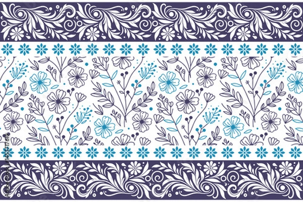 Fototapeta blue botanical floral print. seamless one line petals. embroidery sketch texture. outline flower elements. clean textile background. elegant modern design
