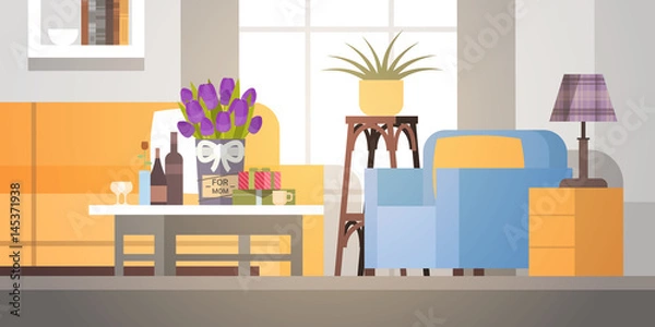 Fototapeta Decorated Living Room Interior, Flowers For Mom, Happy Mother Day Spring Holiday Flat Vector Illustration