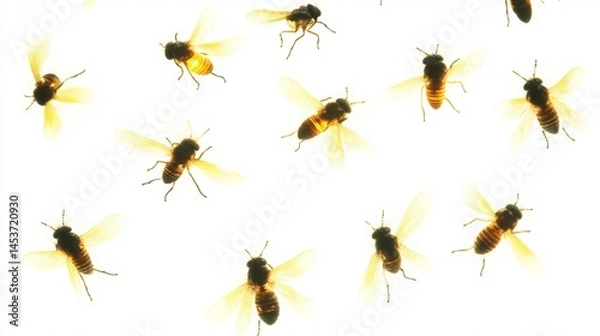 Fototapeta Multiple honeybees in flight against a white background.