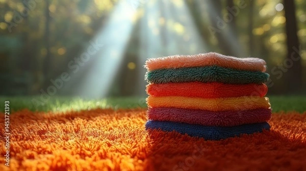 Obraz Colorful towels stacked on a textured carpet outdoors in sunlight