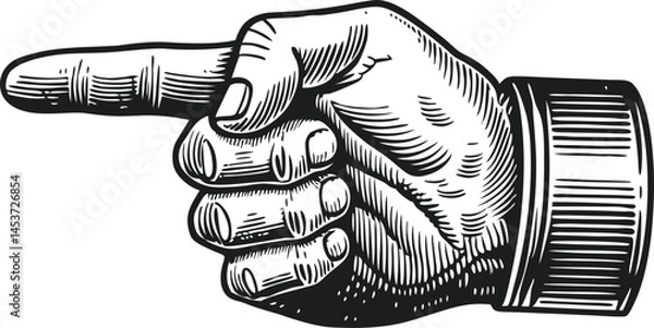 Fototapeta Hand with pointing finger drawn in vintage engraving style, detailed retro illustration in black and white

