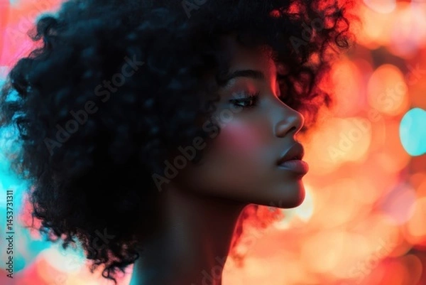 Fototapeta Calm expression of woman with voluminous natural curls, radiant skin, and soft makeup, shot against vivid multicolored wall.