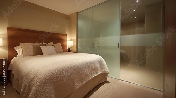 Obraz elegant bedroom behind frosted glass partitions, soft daylight illuminating beige textiles and modern wooden furnishings