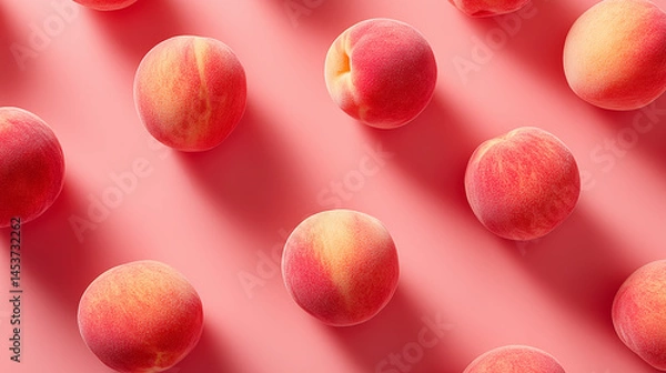 Obraz ピンク色のシンプル背景に浮かぶ赤く熟した桃の果実 | 上質な質感