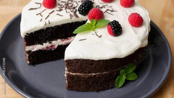 Fototapeta Delicious Chocolate Cake Slice with Fresh Berries and Mint