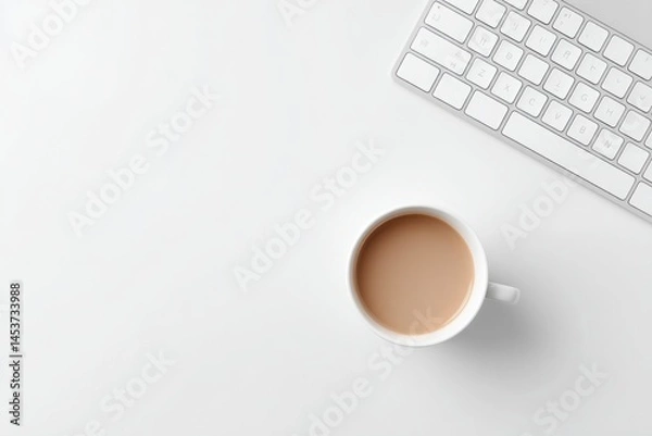 Obraz minimalist workspace featuring keyboard and cup of coffee on white desk providing ample copy space